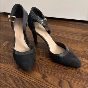 Franco Sarto Black Suede Heels with Gold Buckle